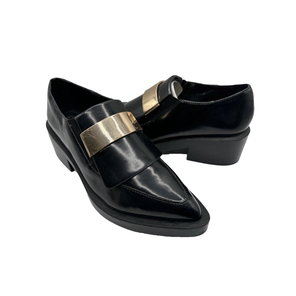 Zara Trafaluc Black Patent Loafers Shoes Oxford Platform gold-plated Buckle 37